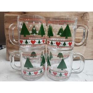 4 Vtg Libbey Christmas Tree Coffee Tea Egg Nog Mugs Clear Glass 8 Oz MINT HTF